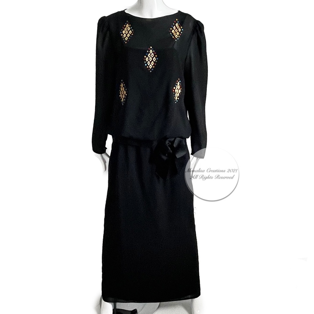 Raul Blanco Evening Gown Dress Black Chiffon Embellished Chest Vintage 90s Sz 14